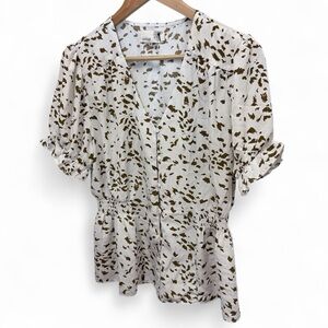 Everleigh White Printed Button Up Ruffle Sleeve Smocked Waist Blouse Size Large